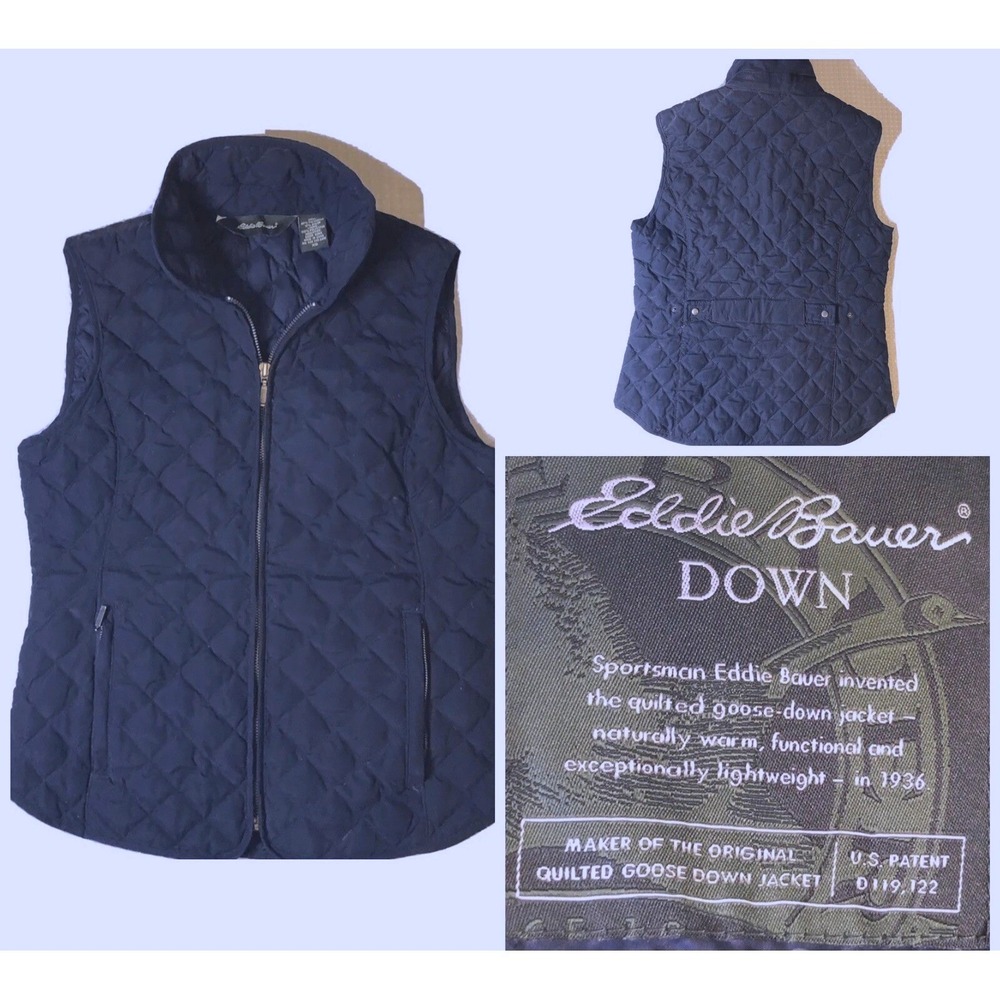 Eddie Bauer Women Navy Blue Quilted‎ Goose Down Vest Full Zip XS Puffer Jacket